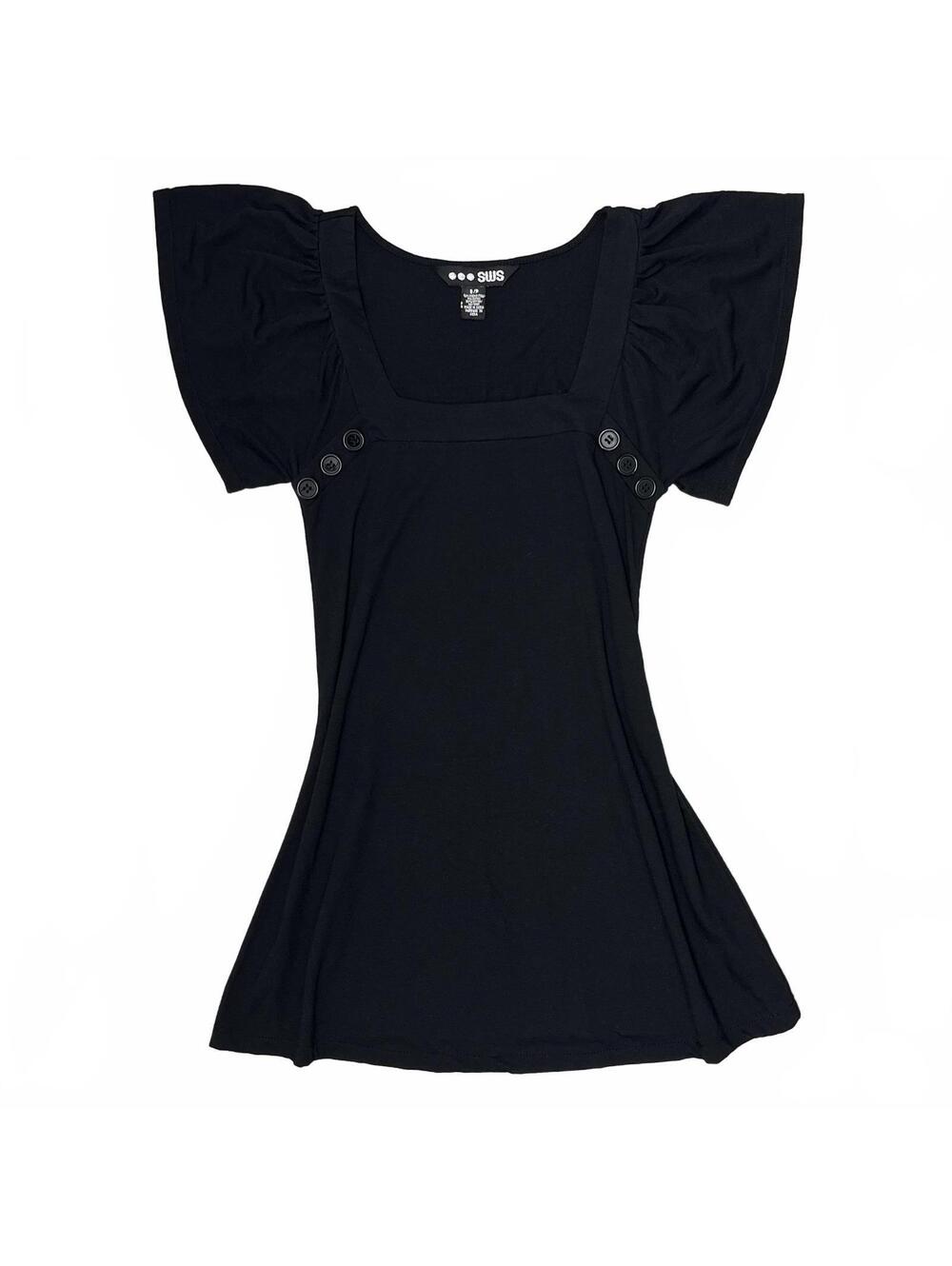 Y2K Streetwear Society Sz S Black Flutter Sleeve Babydoll Top W Buttons Detail